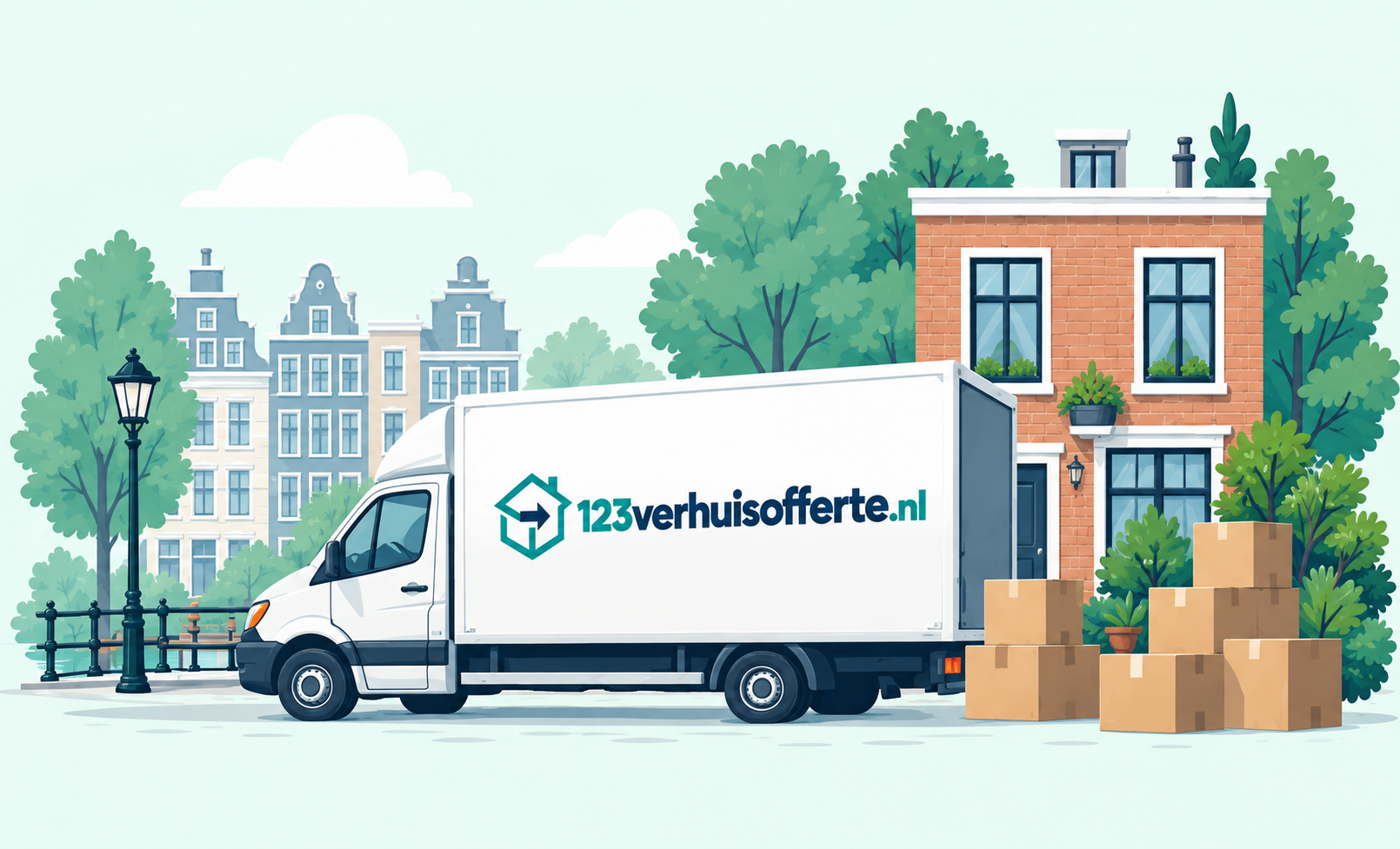 Moving truck and boxes among Dutch homes